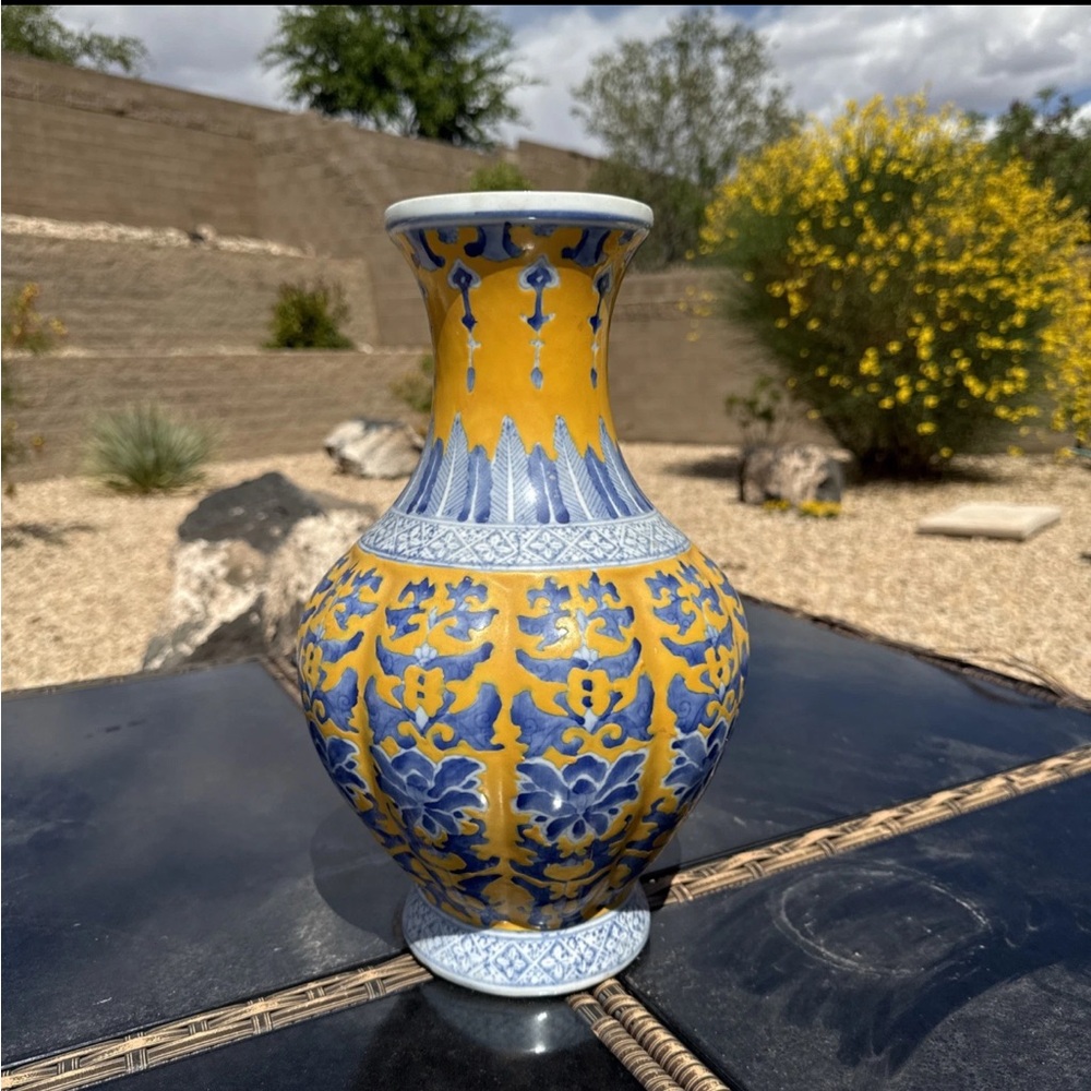 14” Qianlong Style Blue White Yellow Glaze Porcelain Flower Zun Bottle Vase VTG